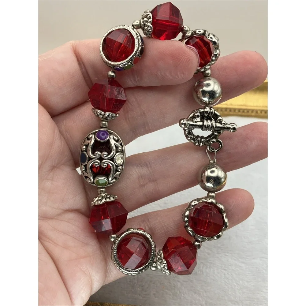 Ornate Ruby Red Glass Beaded Bracelet Enamel Silver Tone Royal Romantic Castle